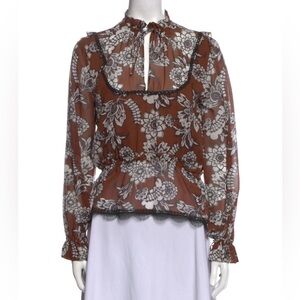 Nicholas Silk Floral Ruffle Long Sleeve Blouse Top Brown Sz 4